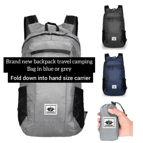Brand new travel bag in grey, fold down into hand size carrier backpack 2 colors - Picture 1 of 7